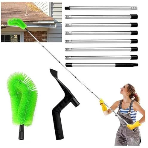 8.27ft Gutter Cleaning Tools, Telescopic Gutter Cleaning Tools 1 Brush 1 Leaf Shovel Eaves Pipes Gutter Cleaning toolswith 8-Section Pole Suitable for Bungalow Leaves Debris Window Spider Web