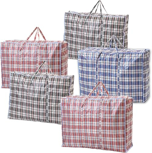 1ABOVE 5 PACKS JUMBO Strong Laundry,Shopping, Storage, Reusable Store, Cloth, Moving, Waterproof, Handles and Zipper Bags -70cmx60cmx28cm