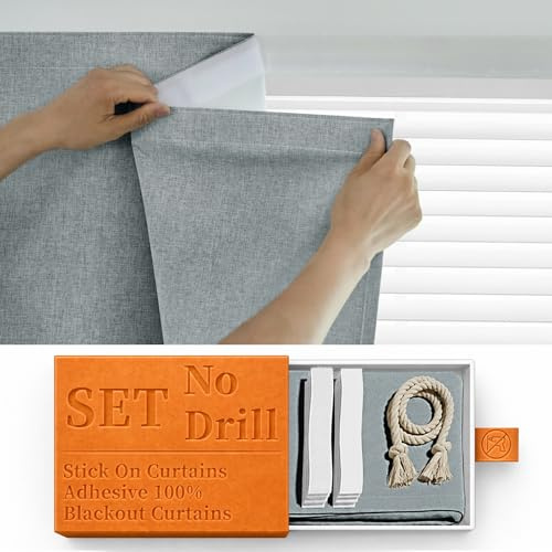Sovtfides 100% Blackout Magic Tape Stick On Curtains Window Shades Pull Down Blackout Window Cover No Drillng Self Adhesive Curtains No Rod Small Windows, W35 x L60 inch, 1 Panel, Light Grey