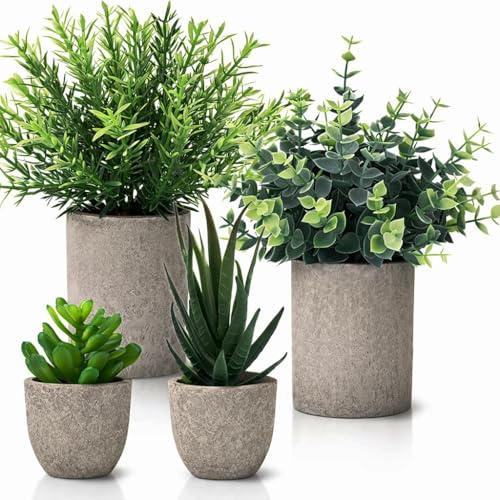 Fake Plants Set of 4 Paper Pulp Pots – Artificial Indoor Home Decor | Realistic Eucalyptus Rosemary & Succulent Faux Plant in Paper Pulp Pots. Maintenance-free Décor for Home Office & Shelves