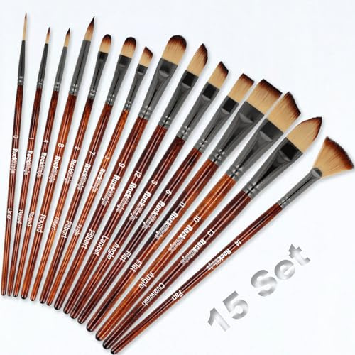Rock Ninja Paint Brush Set, 15Pcs Artist Paint Brushes for Acrylic, Oil, Watercolor, Creative Body Paint, Decorating and Gouache Painting (Brown)