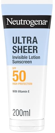 Neutrogena Ultra Sheer Solar Loción Invisible Hidratante SPF50 (200ml), crema hidratante con protección solar alta, crema de sol resistente al agua, protector Neutrogena corporal SPF50 ligero