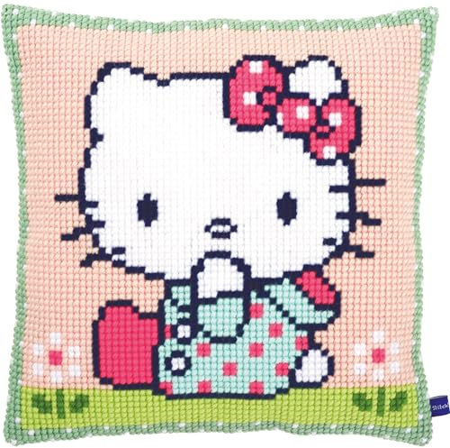 VERVACO Kit Cuscino Punto Croce Ciao Kitty sul Prato Set Ricamo Principianti Cuscini Gobelin Decorativi ca. 40 x 40 cm Accessori per Lavoretti Creativi DIY Casa Decor Hobby Adulti Cross Stitch