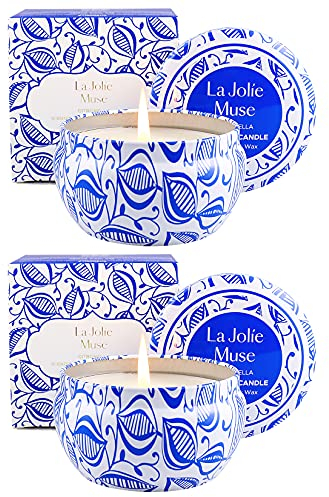 La Jolíe Muse Citronella Kerzen in Dose 2er Set, 185g*2 (6.5oz*2) Sojawachs Zitronellöl Outdoor Kerze, 35-45 Std*2, Kerze Geschenkset