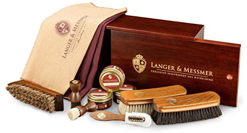 Langer & Messmer Scatola per lustrascarpe di alta qualità senza contenuto o con set di cura in più parti - scatola per lustrascarpe in legno con creme per la cura della pelle modello Mannheim