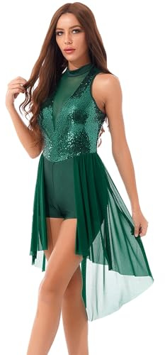 Doomiva Damen Tanzkleid Ärmellos Tanzanzug Glitzer Tanz Trikotanzug mit Asymmetrisch Rock Ballettkleid Tanzkleidung Grün L