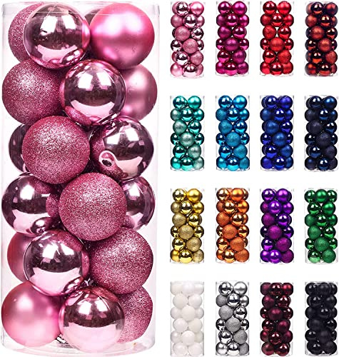 Treer 24 Stück Weihnachtskugeln Kunststoff Christbaumkugeln Set, Bruchsicher Mehrweg Christbaumschmuck zum Aufhängen, Matt Glänzend Glitzernd Weihnachtsbaum Kugeln Weihnachtsdeko (4cm,rosa)