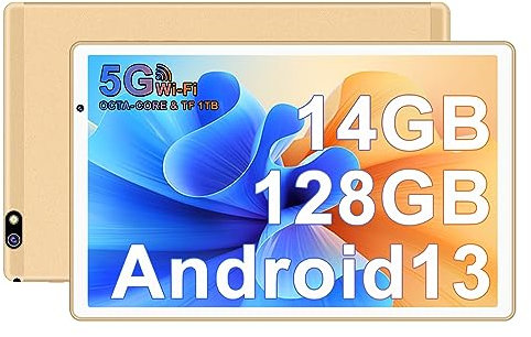 FACETEL Tablet 10 Pollici Tablet Android 13 Tablets PC con 2.4G + 5G WiFi, Octa-Core 2.0 Ghz | 14GB + 128GB TF 1TB | 8000mAh | IPS FHD | Doppia Fotocamera | Bluetooth 5.0, Tablet con Custodia - Oro