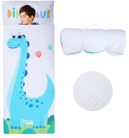 Sac de Couchage Chaud pour Enfants avec Oreiller Amovible, Tapis de Sieste Pliable pour Filles et Garçons, Couverture de Sieste avec Double Fermeture Eclair pour Camping Ecole Garderie, Dinosaures