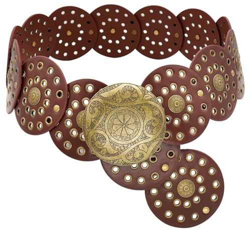 WULIQIUQIU Ceinture large à disque pour femme Boho Concho Ceinture en cuir vintage Western, marron, 130CM/51.2IN