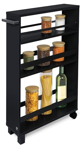 bomoe Storage Cart Kitchen Trolley with 2 Wheels 2 Feet FSC® Worktop | 50x79x15cm Black Narrow Utility 3 Shelves Under Desk for Bathroom Office niche shelf compartments slim Hylla