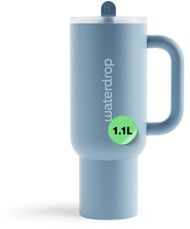 waterdrop® Thermobecher mit Strohhalm 1,1L – Auslaufsichere, robuste Trinkflasche mit aufklappbarem Trinkhalm, Hält 12h kalt, Trinkbecher mit Deckel, isolierte Edelstahlflasche
