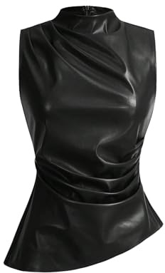 SHENHE Women's Mock Neck Polyester Pleated Asymmetrical Sleeveless Fitted Dressy Tank Top Black Large