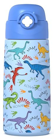 Ntswasd Boys Insulated Water Bottle with Covered Pop-Up Straw,16 oz Kids Cups with Stainless Steel Leak Proof for School（Blue-Dinosaur）