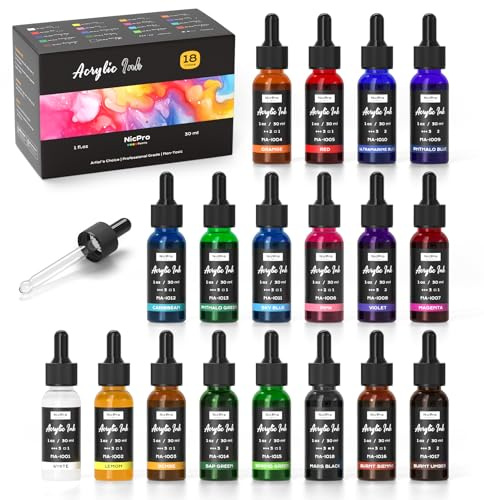 Nicpro Set D'Encres Acryliques 18 Couleurs, 30 ml avec Compte-Gouttes, Encre Acrylique À Séchage Rapide, Permanente, Encres De Dessin Acrylique pour Dessins À L'Encre, Art De Coulage, Aérographe
