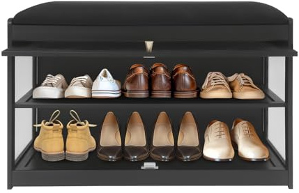 NaMaSyo Banc à chaussures avec coussin - 2 niveaux - Siège rembourré en bois - Pour entrée, couloir, salon, chambre à coucher - Noir - 70 cm