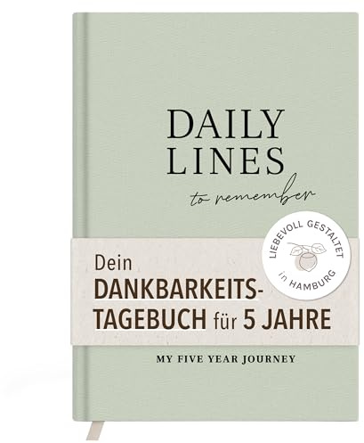 kind of hazel 5-års dagbok Daily Lines – dagbok för vuxna för daglig skrivning, mindfulness och självreflektion, inbunden DIN A5, 372 sidor med trådhäftning, salvia