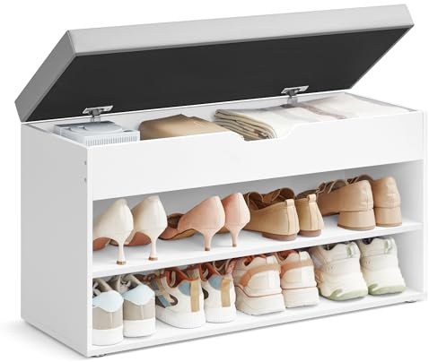 VASAGLE Shoe Bench with Cushion, Storage Bench with Padded Seat, Hallway Bench with 3 Compartments, 30 x 80 x 44 cm, for Bedroom, Living Room, Cloud White and Dove Grey LHS022WB02