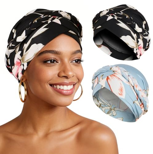 XEPST 2 Piezas Turbante Africano para Mujeres Preatado Trenzado Envoltura de Cabeza Sombreros, Gorros de Dormir, Turbante Pelo para Pérdida Pelo y Cáncer, Negro y Azul Cielo