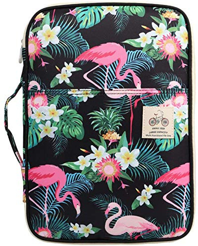JAKAGO Waterproof A4 Portfolio Folder, Business Document Holder, Travel Organizer Multifunctional Zippered Case for Holiday Travel/Working Daily Use (Flamingo)