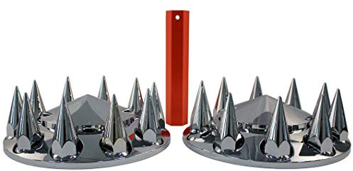 MRJLK Chrome ABS Complete Axle Cover Set with Hub Caps and 33mm Screw-On Spiked Lug Nut Covers for Semi Trucks (2 Front)