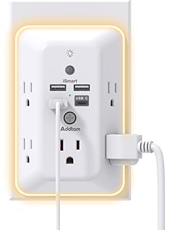 Surge Protector, Outlet Extender with Night Light, Addtam 5-Outlet Splitter and 4 USB Ports(1 USB C), Multi Plug Wall Outlet for Home Office Dorm Room Essentials