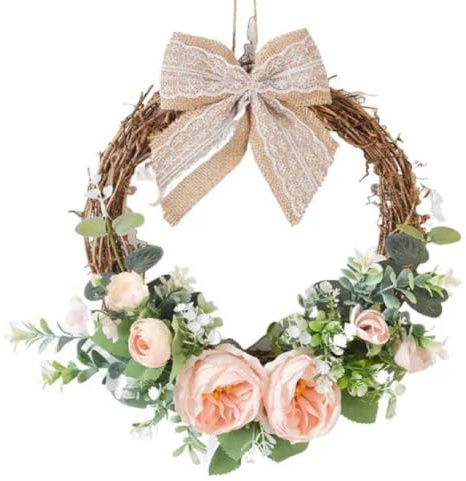 Artificial Peony Wreath Handmade Flower Wreath with Eucalyptus Leaves Summer Spring Grapevine Wreaths Decoration for Door Farmhouse Party Wedding Home Wall Hanging Decor