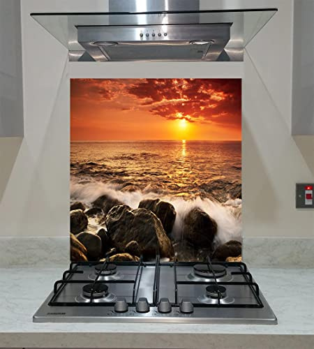 Spritzschutz, Küchenpaneel, gehärtetes Glas, Meereswellen, Sonnenuntergang, Steine, jede Größe, Va Art Glas (Breite 80 x Höhe 70 cm)