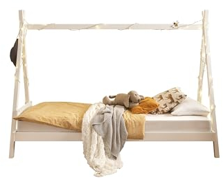 Stella Trading SORA Kinderbett Zeltbett Bett 90 x 200 cm Massivholz Kiefer- Kinderbett-Jugendzimmerbett -in weiß - 206 x 63 x 96 cm (B/H/T)