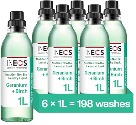 INEOS Next-Gen Non Bio Laundry Washing Liquid Detergent, 198 Washes (6 x 1L), High Performance Stain Remover For Clothes, Plant Powered, For Sensitive Skin, Geranium + Birch, Packaging May Vary