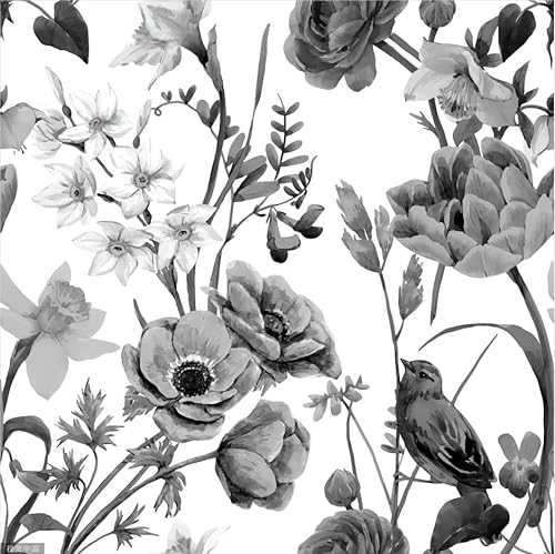 Selbstklebend Tapete Blumen,Tapete Verdicken 44.5*300CM Schwarz Blumen Blätter Wasserdicht Möbelfolie Wandtapete Mehrzwecktapete DIY Abnehmbare Wandschutzfolie für Wohnzimmer Schlafzimmer Küche