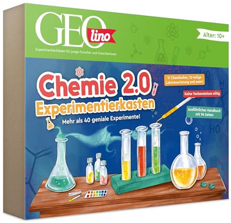 FRANZIS 67212 - GEOLINO Chemie-Experimentierkasten 2 mit 40 Experimenten, inkl. Laborausrüstung, Set mit 11 Chemikalien, Handbuch und weiterem Zubehör