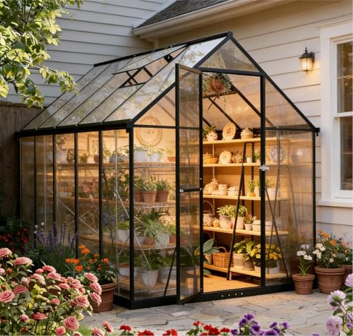 Serre de jardin en polycarbonate de 6 x 10 pieds praticable, maison de plantes de jardin extérieur avec ventilation, porte verrouillable, cadre en aluminium
