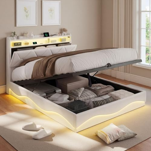 JYNVO Dubbelsäng 140 x 200 cm med hydraulisk behållare, sängskydd med RGB LED-lampor och sänggavel, USB/Type-C laddningsstation, vadderad säng, sammet, beige