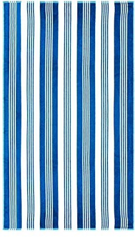 SUPERIOR 100% Cotton Luxury Beach Towels - Oversized Beach Towel, Swim Towel, Blue and White Maui Stripes (34 x 64)