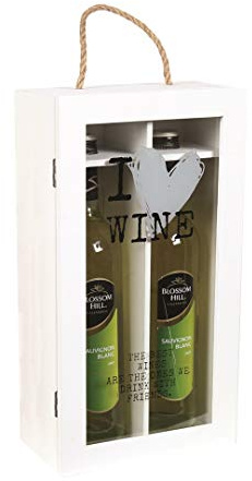 Straits Dual Bottle White Wooden Hinged Wine Box Glass Lid - I Love Wine - Gift