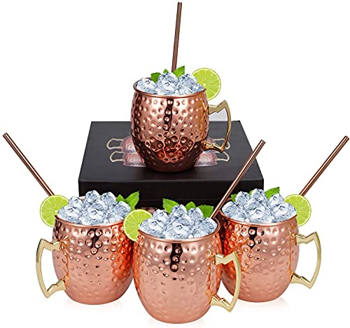 Wylnsie Set aus 4 kupfergehämmerten Moscow Mule-Bechern für gekühlte Cocktail-Getränke, handgefertigter Kupferbecher mit 4 Trinkhalmen, Trinkbecher-Geschenkset für Zuhause, Bar, Party