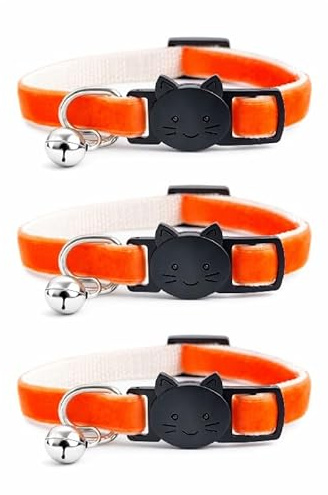 Velvet Cat Collars with Bell. Safe Breakaway Quick Release Buckle. Available in Cat & Kitten Size (Pack of 3) (Cat Collar (20cm - 30cm), Orange Velvet (Pack of 3))