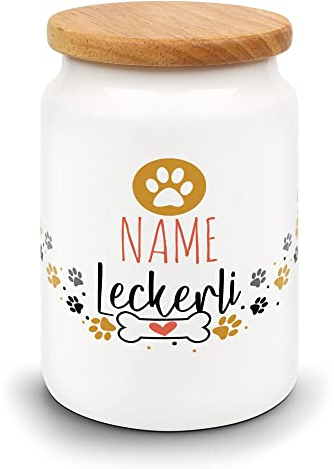PR Print Royal Personalisierte Leckerlidose für Hunde - Vorratsdose für Hunde-Snacks personalisiert mit Hundename - Keramikdose mit Holzdeckel - 650 ml | Geschenk für Hundeliebhaber