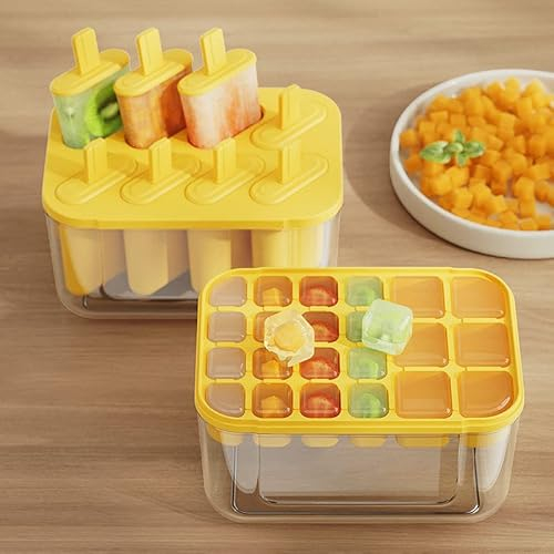 Sommerliche Eis- und Fruchtformen-Set bestehend aus 8 Eis am Stiel und 22 Obstformen aus lebensmittelechtem Material. Wiederverwendbare Produktionswerkzeuge inklusive Schaufel und Aufbewahrungsbox