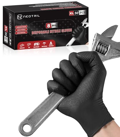 NEOTRIL 8 Mil Heavy Duty Disposable Nitrile Gloves with Raised Diamond Texture Grip Rubber Gloves, Latex & Powder Free Mechanic Glove for Household Cleaning, Black | 50 Pcs