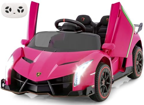 INFANS 2 Seater Kids Ride on Car, 12V 4WD Licensed Lamborghini Veneno Powered Electric Vehicle with Hydraulic Doors, Rocking Mode, Adjustable Speeds, Remote Control, MP3, Headlight (Coral)