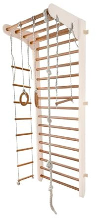 Monkey Gym Sprossenwand Kinder mit Holzstange Turnringe Seil Kletterwand Schwedenwand Sportgerät Turnwand Klettergerüst Turngeräte für Kinderzimmer Indoor Kinder Sport weiß Holz