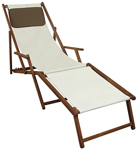 Liegestuhl weiß Fußablage u Kissen Deckchair klappbar Sonnenliege Holz Gartenliege 10-303 F KD