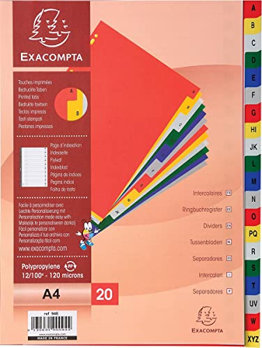 Exacompta - 94E - Separadores de polipropileno con 20 fichas alfabéticas impresas de la A a la Z en color - Página de indexación imprimible - Formato a archivo A4 - Dimensiones 22,5 x 29,7 cm