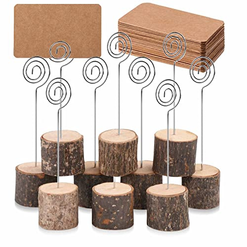 Toncoo 10Pcs Premium Wood Place Card Holders with Swirl Wire and 20 Pcs Kraft Place Cards, Rustic Wood Table Number Holders Stands, Name Cards Photo Holders for Wedding Party Sign Food Cards Label