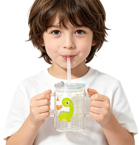 Qchomee Kids Glass Milk Measure Cup 300ml Heat-Resistant Leakproof Water Bottle Travel Mug Tumbler with Double Handle for Kids Age 4-10 Years