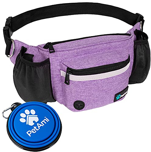 PetAmi Dog Fanny Pack, Treat Pouch for Dog Walking, Training, Built in Poop Bag Dispenser, Water Bottle Holder, Collapsible Bowl, Pet Treat Waist Belt for Hiking, Running, Kibbles (Purple)