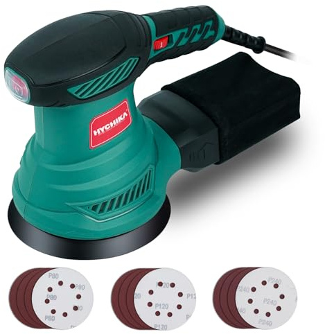 HYCHIKA 5-Inch Random Orbital Sander, 13000RPM Electric Palm Sander with 6 Variable Speeds, Powerful Motor, 12PCS Sandpapers and Efficient Dust Collection Bag, for Woodworking, Finishing and Polishing