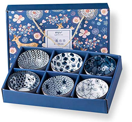 Set of 6 Blue Japanese-Style Chinese Rice Bowls Gift Set – Elegant Ceramic Bowls for Rice, Noodles, or Soup